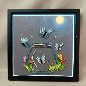 Homemade Paper Quilling Butterfly Jar Shadow Box Art 6.5in Blue Yellow Good